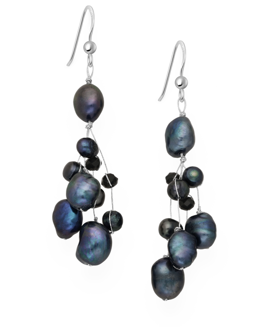 Hook Earrings Beaded with  Black Fresh Water Pearls and Crystal Glass on Sterling Silver