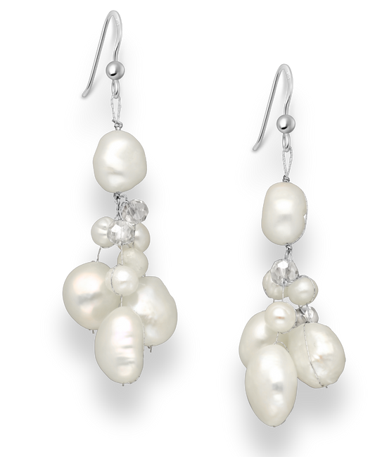 Hook Earrings Beaded with White Fresh Water Pearls and Crystal Glass on Sterling Silver