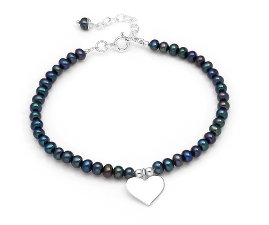Black Freshwater Pearls with Sterling Silver Heart Bracelet