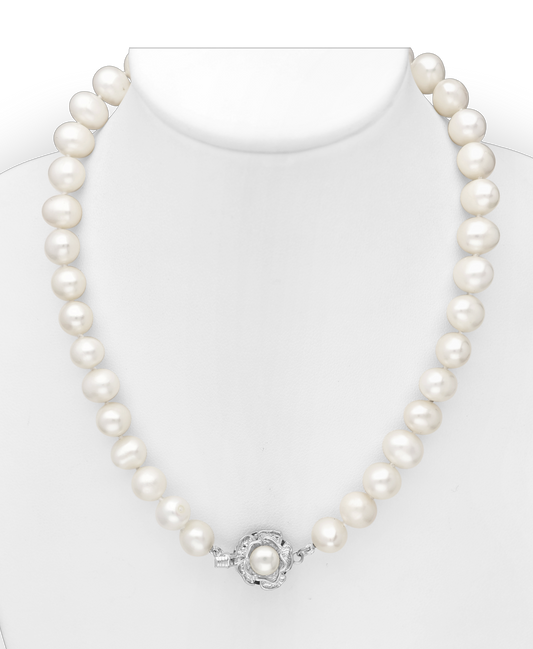 White Base Rose Necklace Beaded With AA Freshwater Pearls