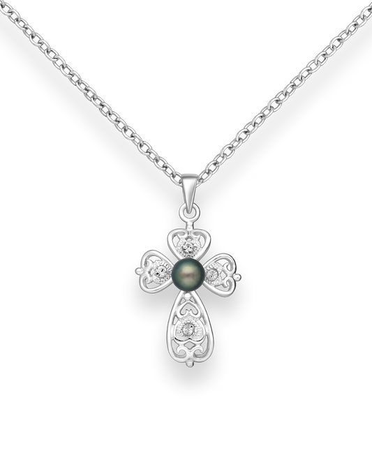Sterling Silver Swirl Cross Pendant with a Black Freshwater Pearl and Crystal