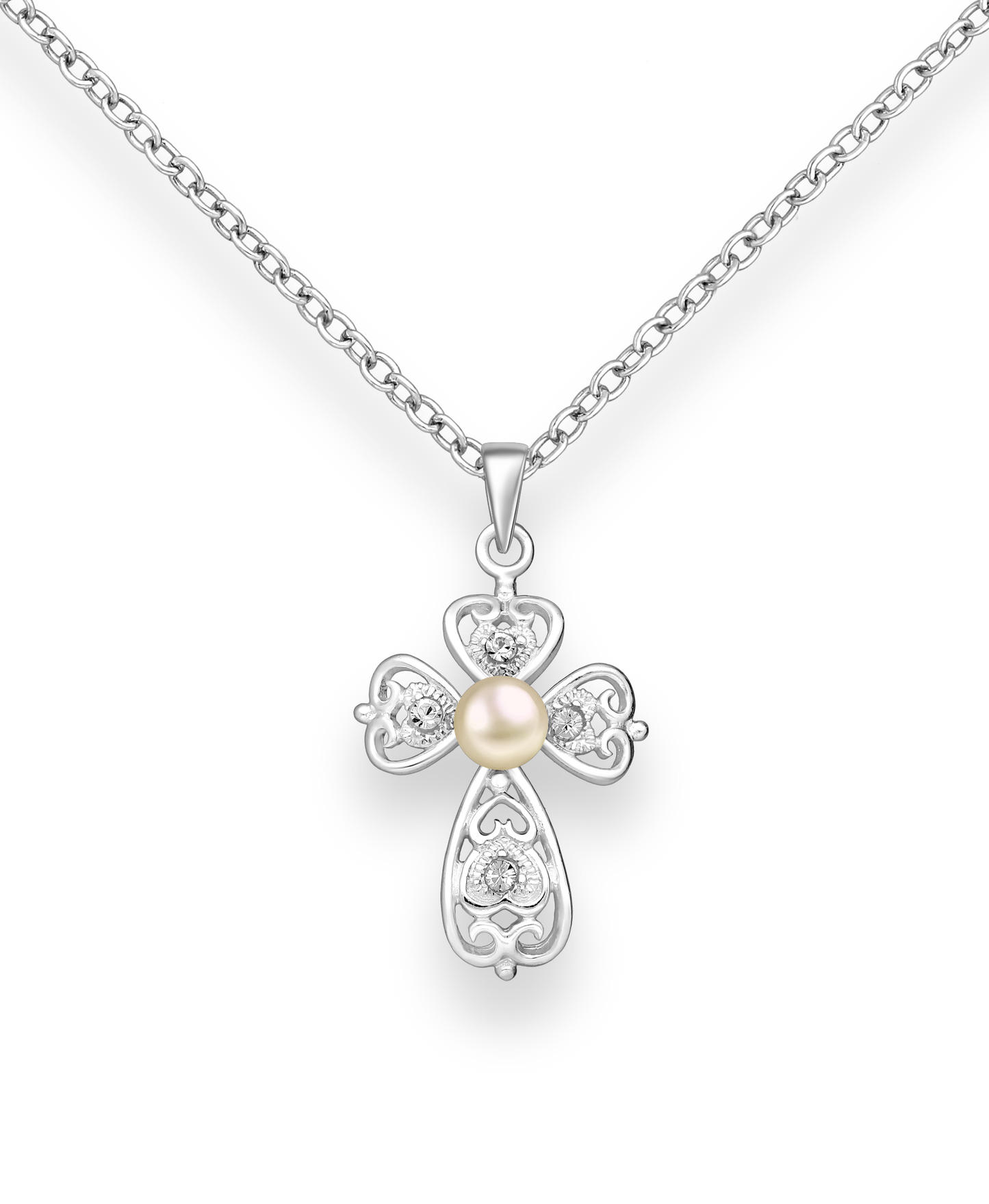Sterling Silver Swirl Cross Pendant with a Peach Freshwater Pearl and Crystal