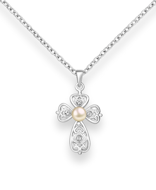 Sterling Silver Swirl Cross Pendant with a Peach Freshwater Pearl and Crystal