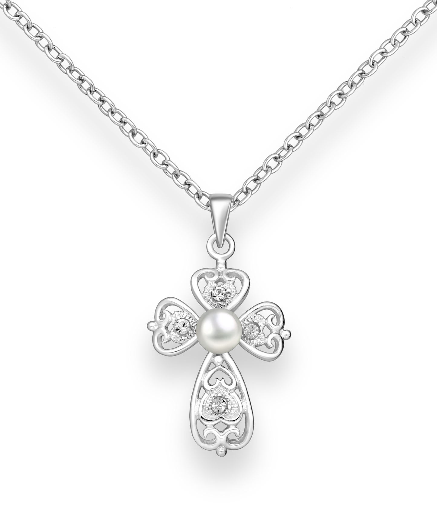 Sterling Silver Swirl Cross Pendant with a White Freshwater Pearl and Crystal