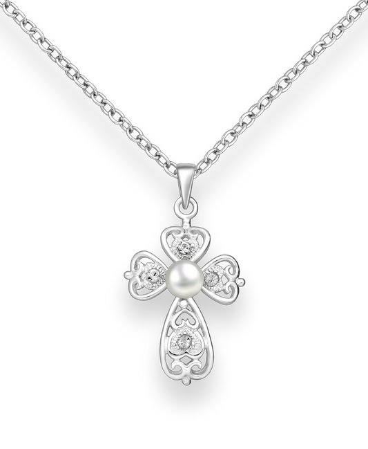 Sterling Silver Swirl Cross Pendant with a White Freshwater Pearl and Crystal