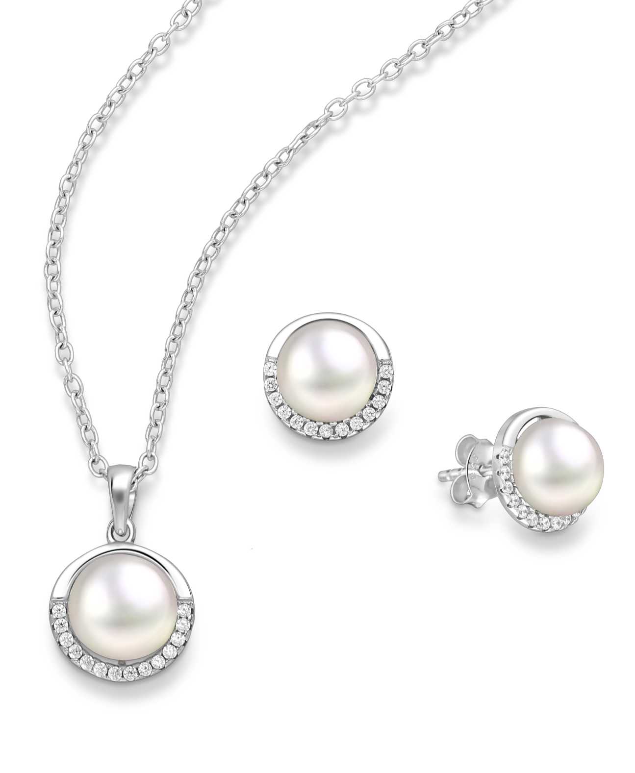 Freshwater Pearl Studs & Pendant Set in Sterling Silver with CZ Stimulated Diamonds