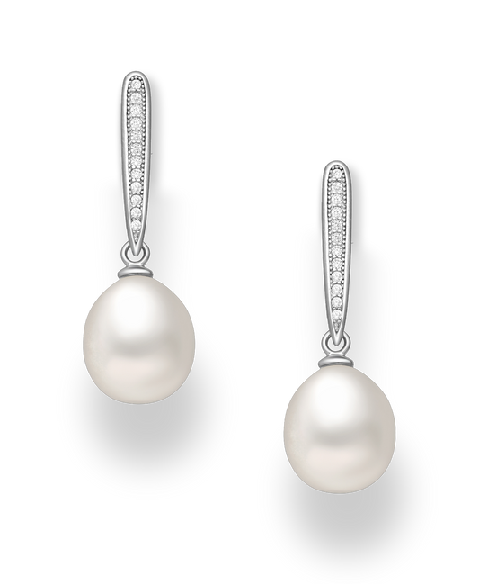 Freshwater Pearls Sterling Silver push-back Drop Earrings with stimulated CZ Diamonds