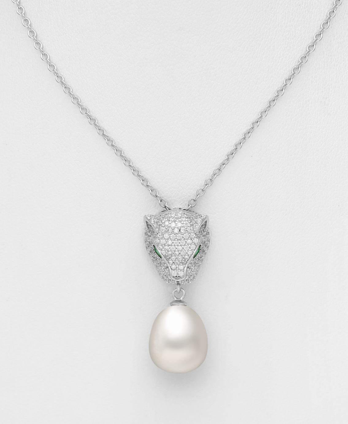 Sterling Silver Tiger Necklace, Decorated with CZ Simulated Diamonds and White FreshWater Pearl