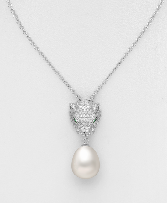 Sterling Silver Tiger Necklace, Decorated with CZ Simulated Diamonds and White FreshWater Pearl