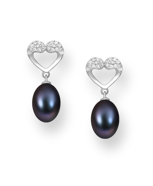 Black Freshwater Pearls Heart Push-Back Sterling Silver Earrings with CZ Simulated Diamonds