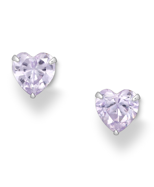 Sterling Silver Heart Stud Earrings with Lavender CZ Simulated Diamonds
