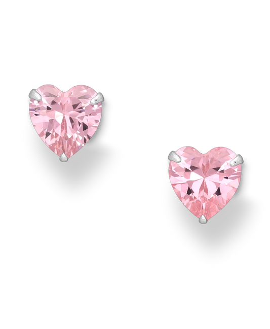 Sterling Silver Heart Stud Earrings with Barbie Pink CZ Simulated Diamonds