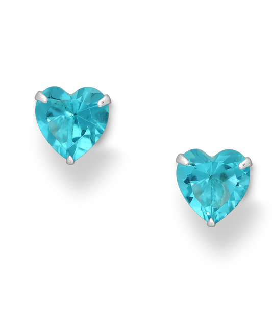 Sterling Silver Heart Stud Earrings with Sky Blue CZ Simulated Diamonds