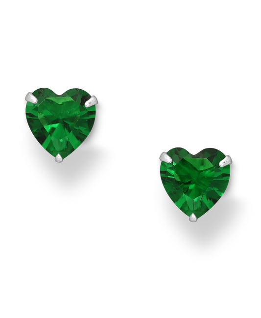 Sterling Silver Heart Stud Earrings with Dark Green CZ Simulated Diamonds