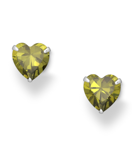 Sterling Silver Heart Stud Earrings with Olive Green CZ Simulated Diamonds