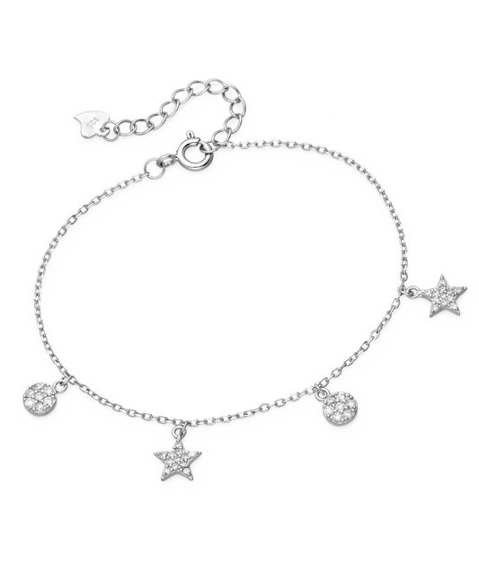 Sterling Silver Bracelet Featuring Circle and Star Charms with CZ Simulated Diamonds
