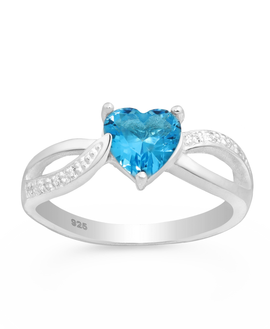 Sterling Silver Deep Blue Heart Ring with CZ Simulated Diamonds