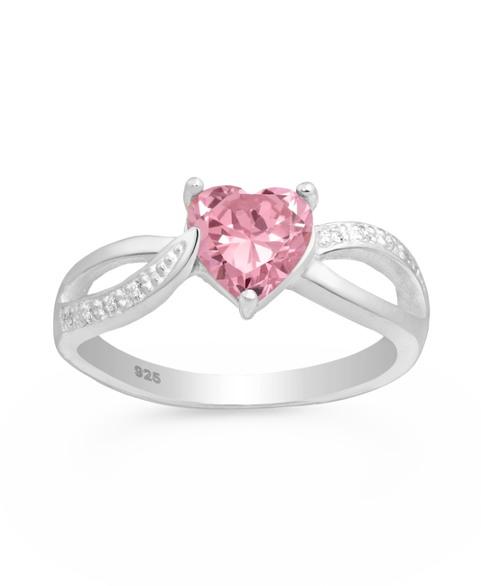 Sterling Silver Pink Heart Ring with CZ Simulated Diamonds