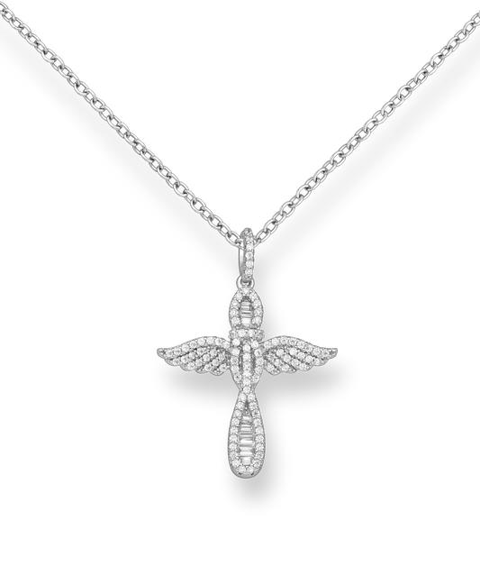 Sterling Silver Cross with Wings Pendant with CZ Simulated Diamonds