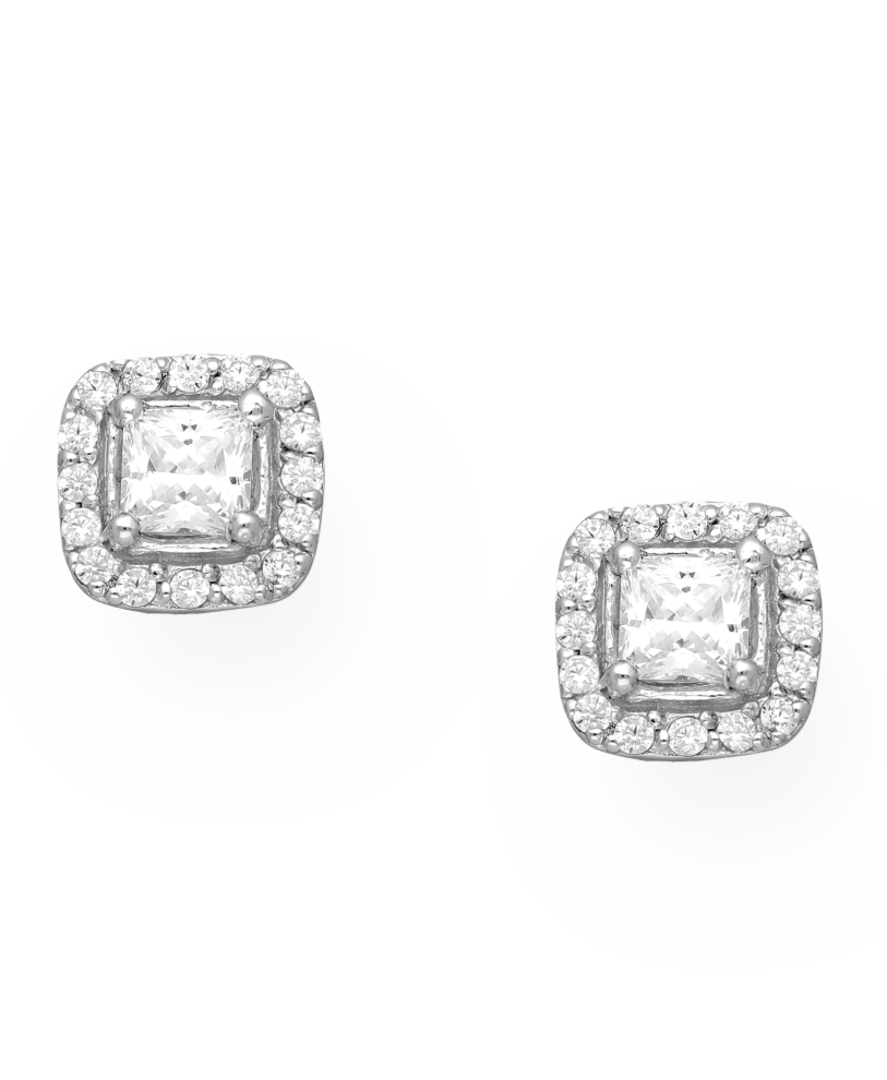 Sterling Silver Square Push-Back Earrings  with White CZ Simulated Diamonds