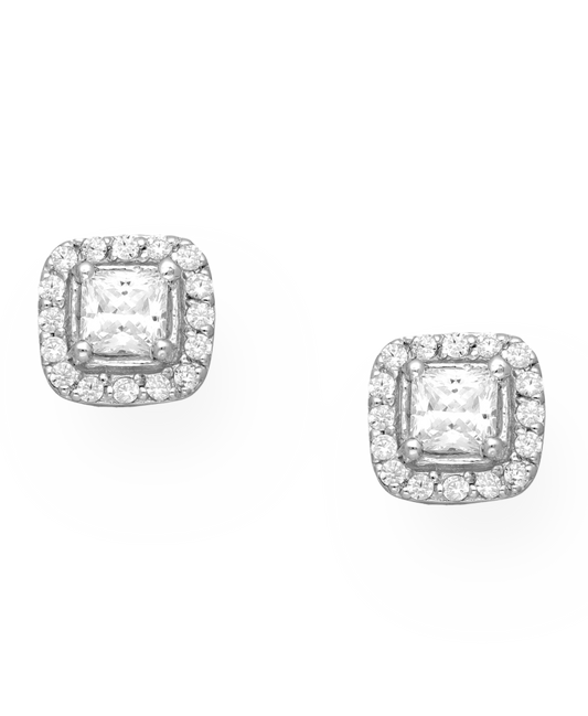Sterling Silver Square Push-Back Earrings  with White CZ Simulated Diamonds