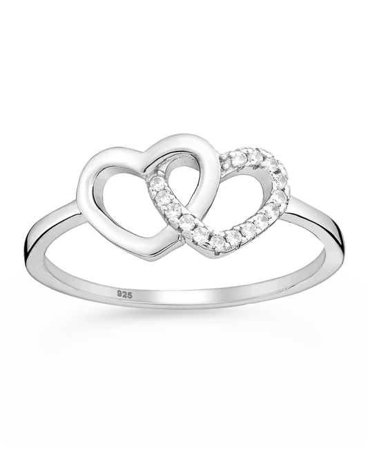 Sterling Silver Double Heart Link CZ Simulated Diamond Ring