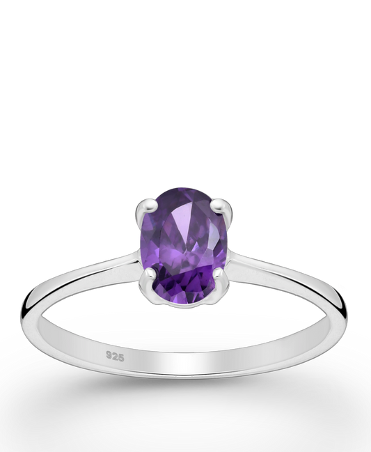 Sterling Silver Solitaire Ring with Purple CZ Simulated Diamonds