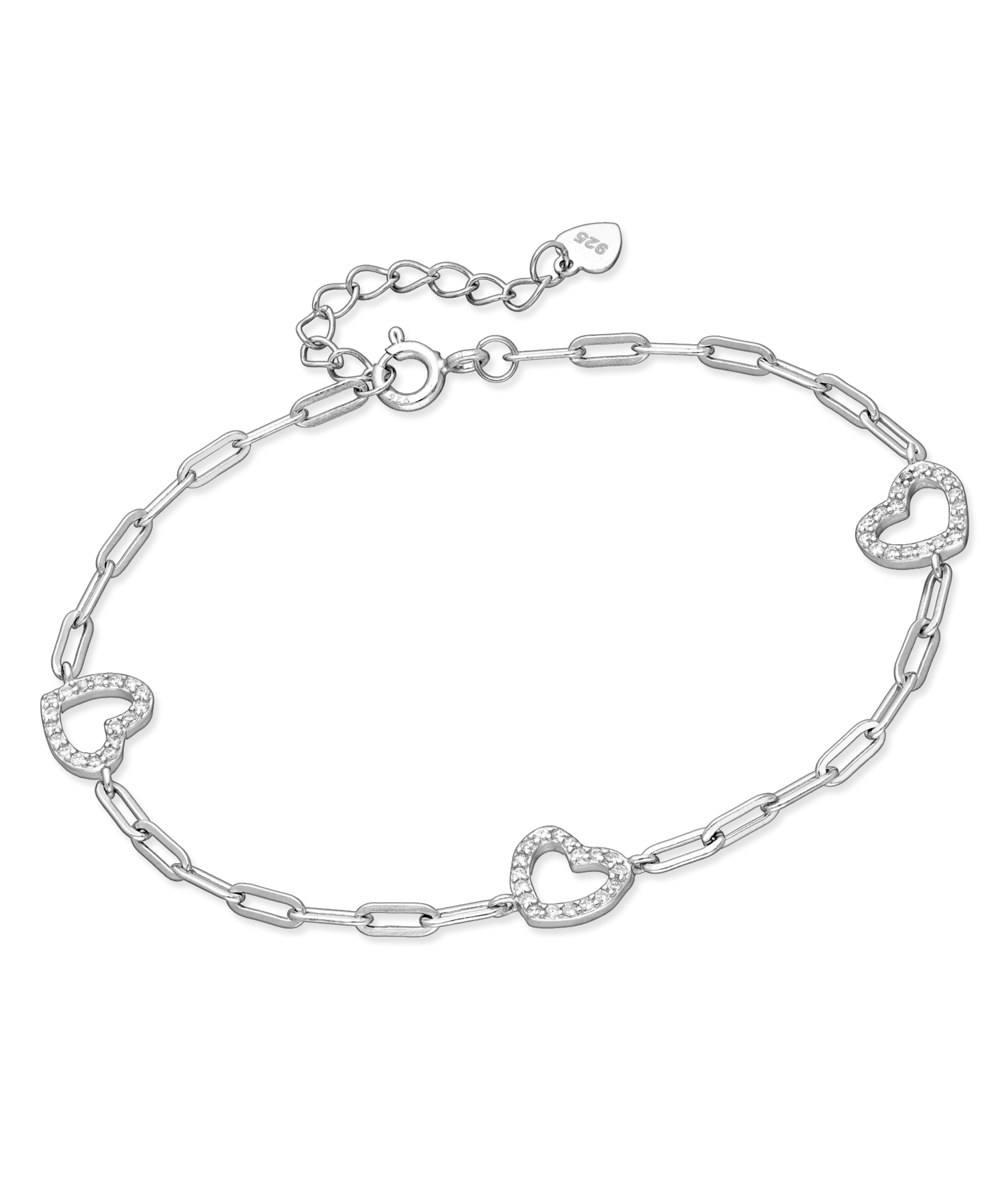 Sterling Silver Heart and Chain Link Bracelet with CZ Simulated Diamonds