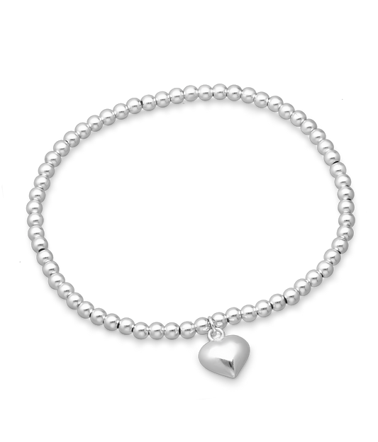 Sterling Silver Stretch Ball Beads Bracelet With Heart Charm