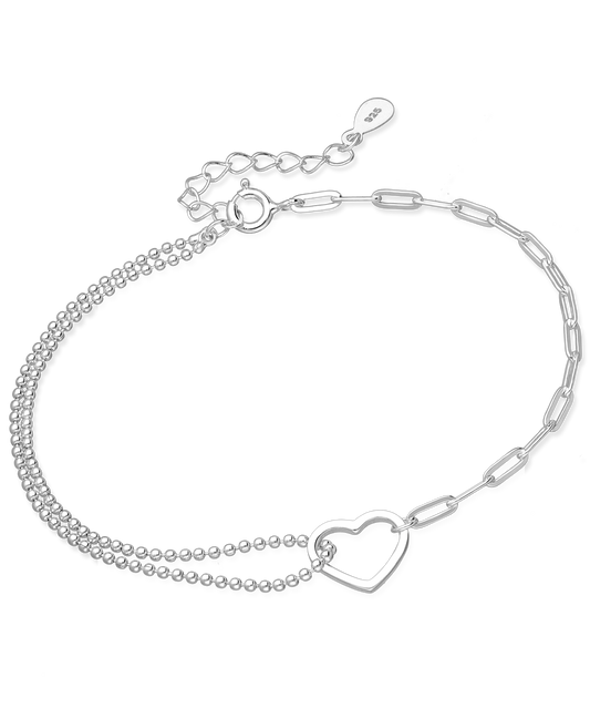 Sterling Silver Adjustable Heart Bracelet Featuring Bead and Paperclip Chain