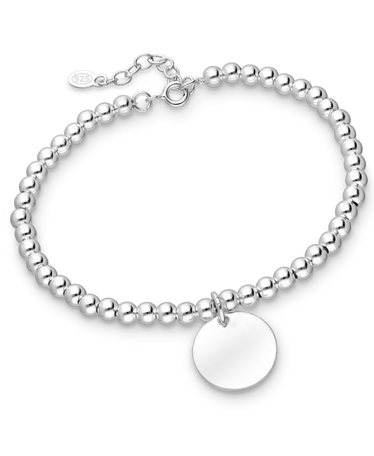 Sterling Silver Ball Bracelet with Engravable Circle Tag