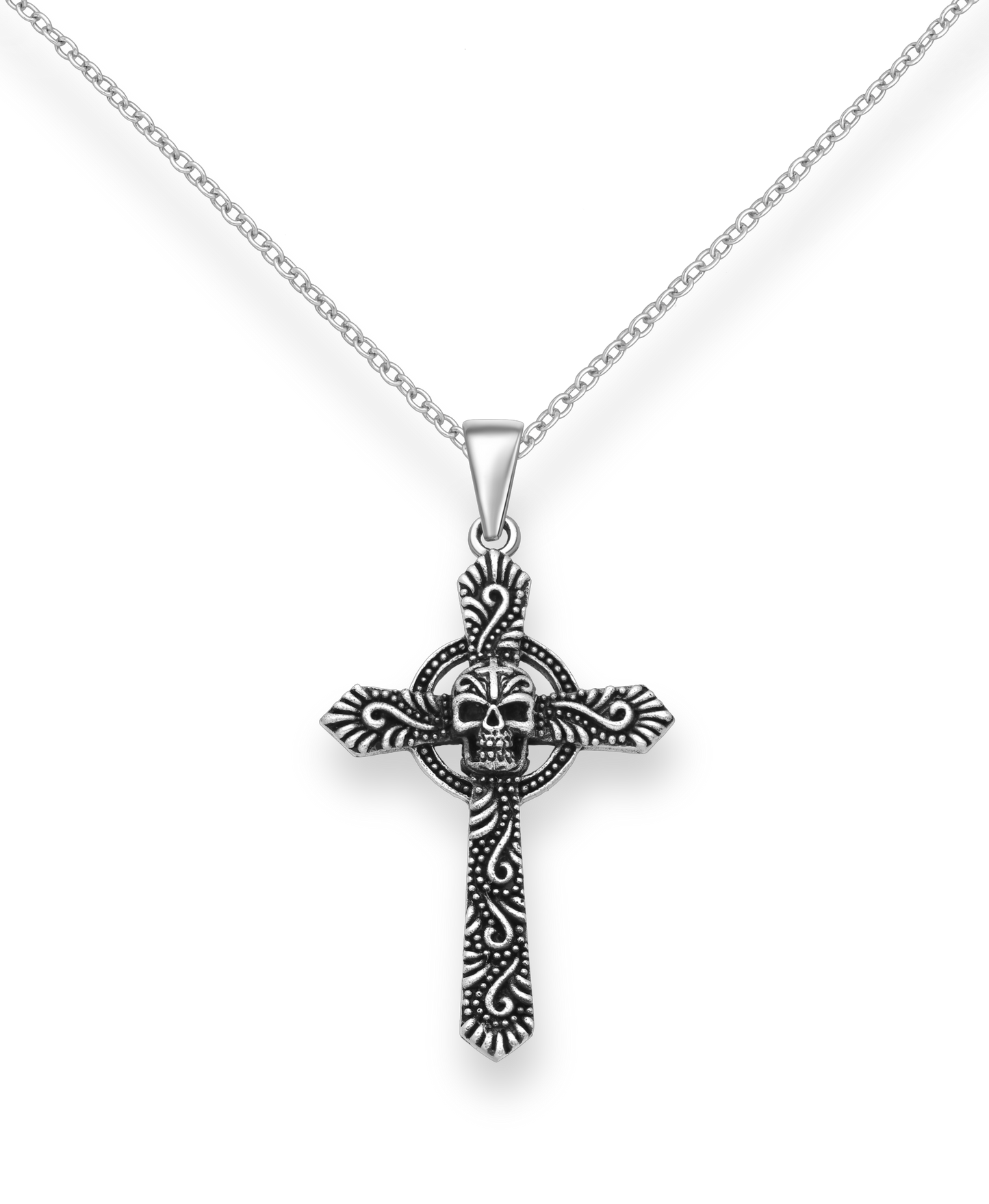 Sterling Silver Oxidized Cross and Skull Pendant