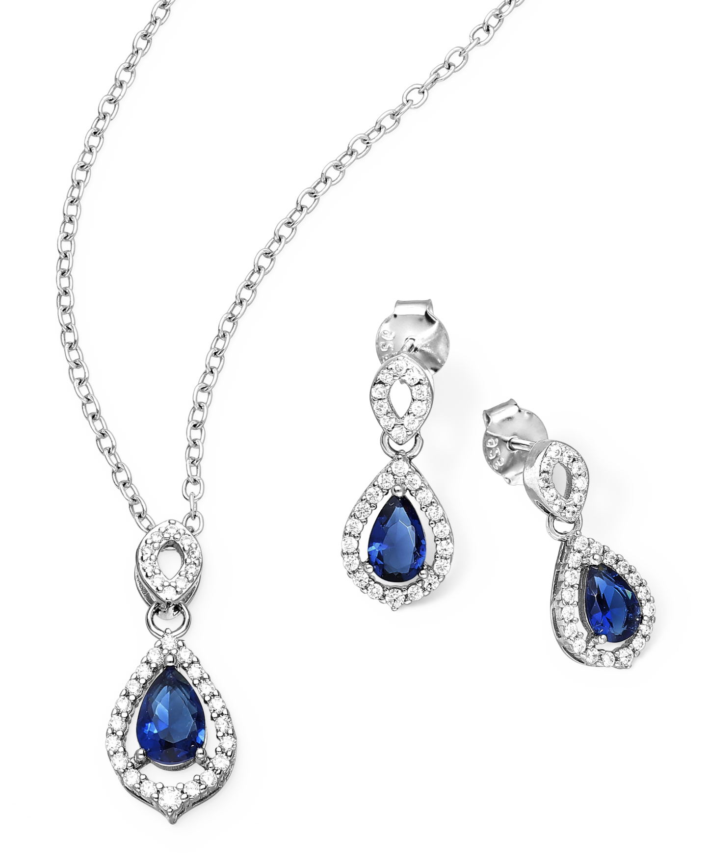 Sterling Silver Droplet Halo Push-Back Earrings and Pendant with CZ Simulated Diamonds