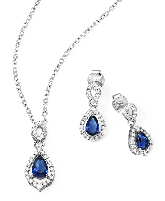 Sterling Silver Droplet Halo Push-Back Earrings and Pendant with CZ Simulated Diamonds
