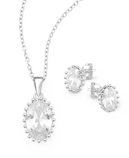 Sterling Silver Push-Back Earrings and Pendant with CZ Simulated Diamonds
