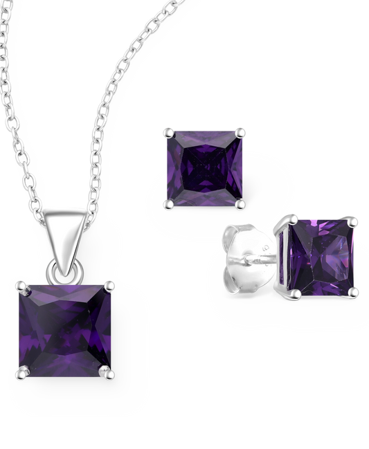 Sterling Silver Push-Back Earrings and Pendant Set with Purple CZ Simulated Diamonds