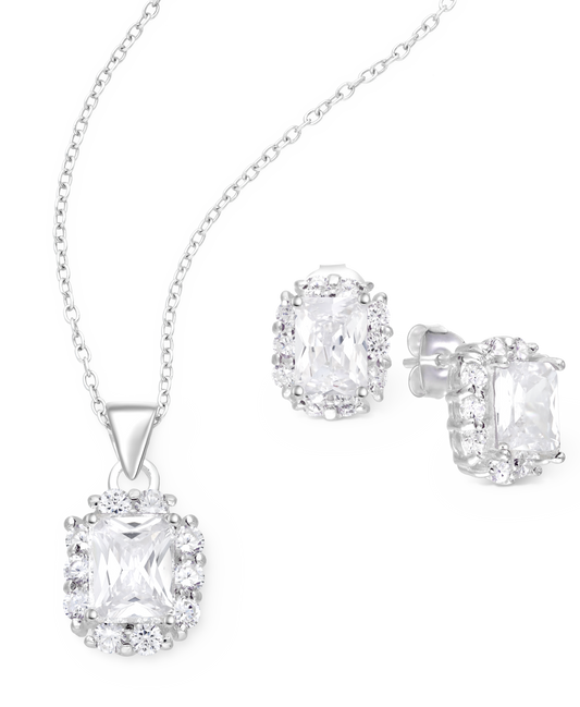 Sterling Silver Push-Back Earrings and Pendant Devine Set with CZ Simulated Diamonds.