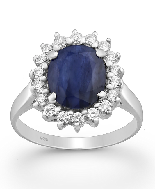 Genuine Blue Sapphire Oval Halo Sterling Silver Ring with CZ Simulated Diamonds