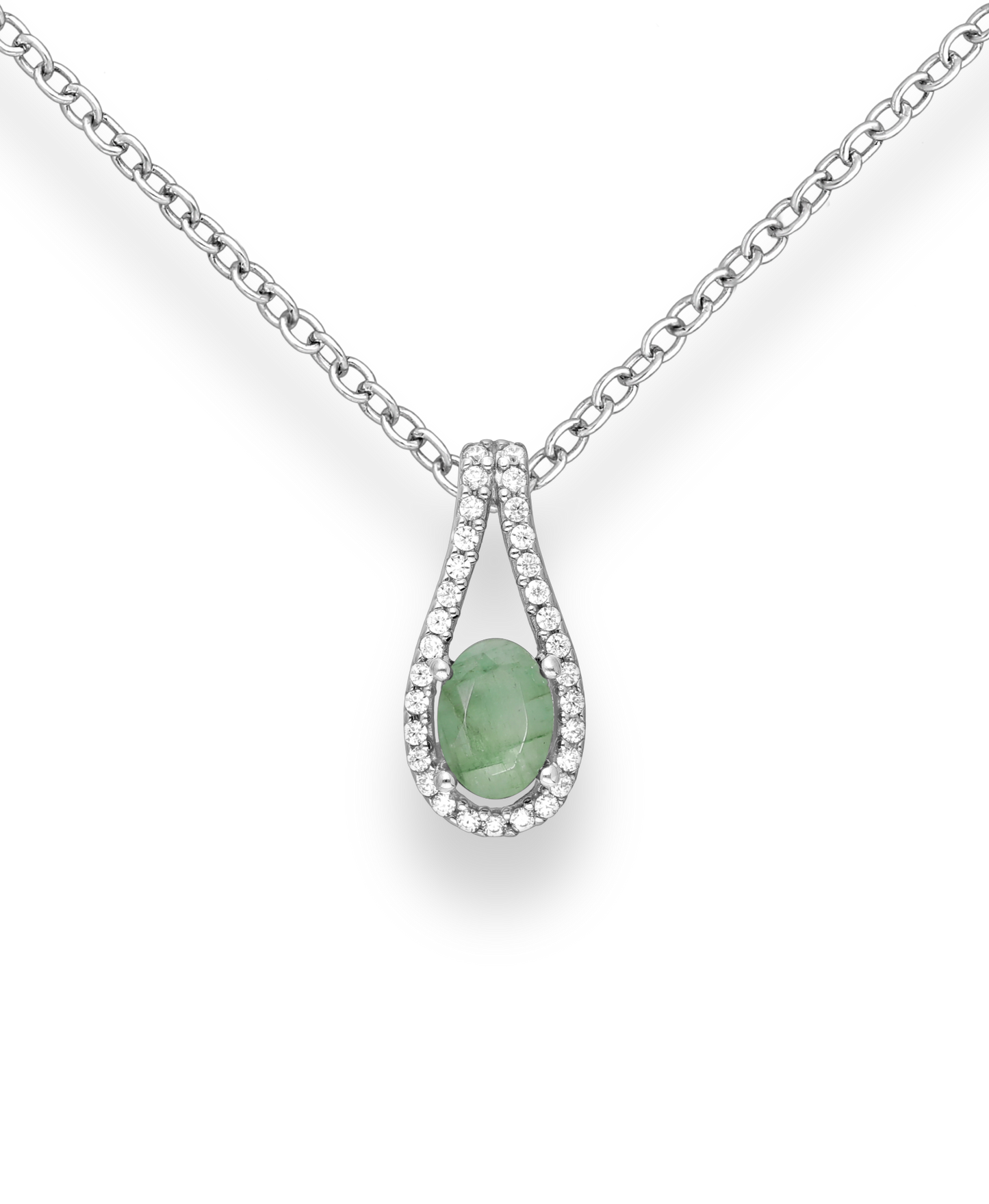 Genuine Emerald and CZ Simulated Diamonds Sterling Silver Pendant