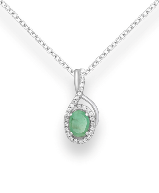 Genuine Emerald and CZ Simulated Diamonds Sterling Silver Halo Pendant